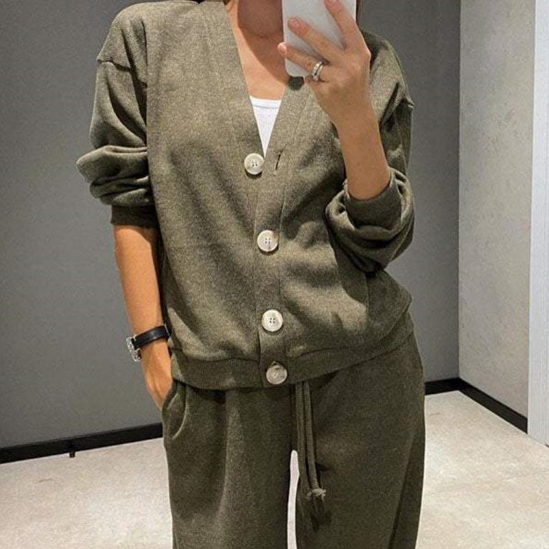 🔥👚👖Women's Knitted Buttoned Jacket and Pants Two-piece Set