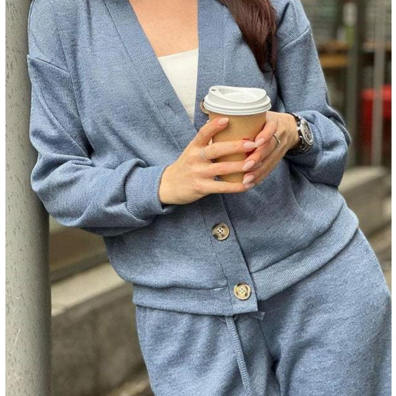 🔥👚👖Women's Knitted Buttoned Jacket and Pants Two-piece Set