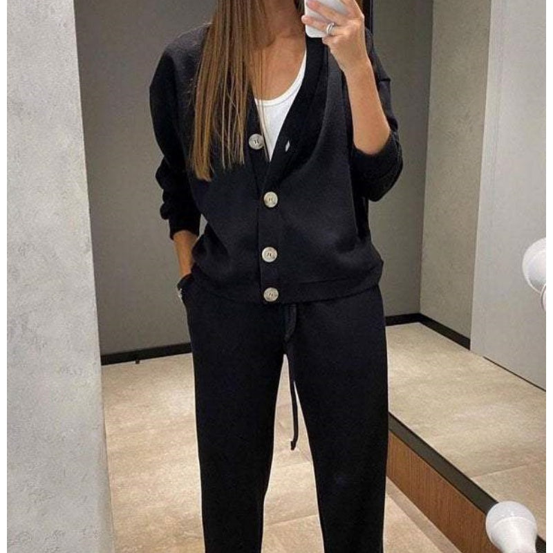 🔥👚👖Women's Knitted Buttoned Jacket and Pants Two-piece Set