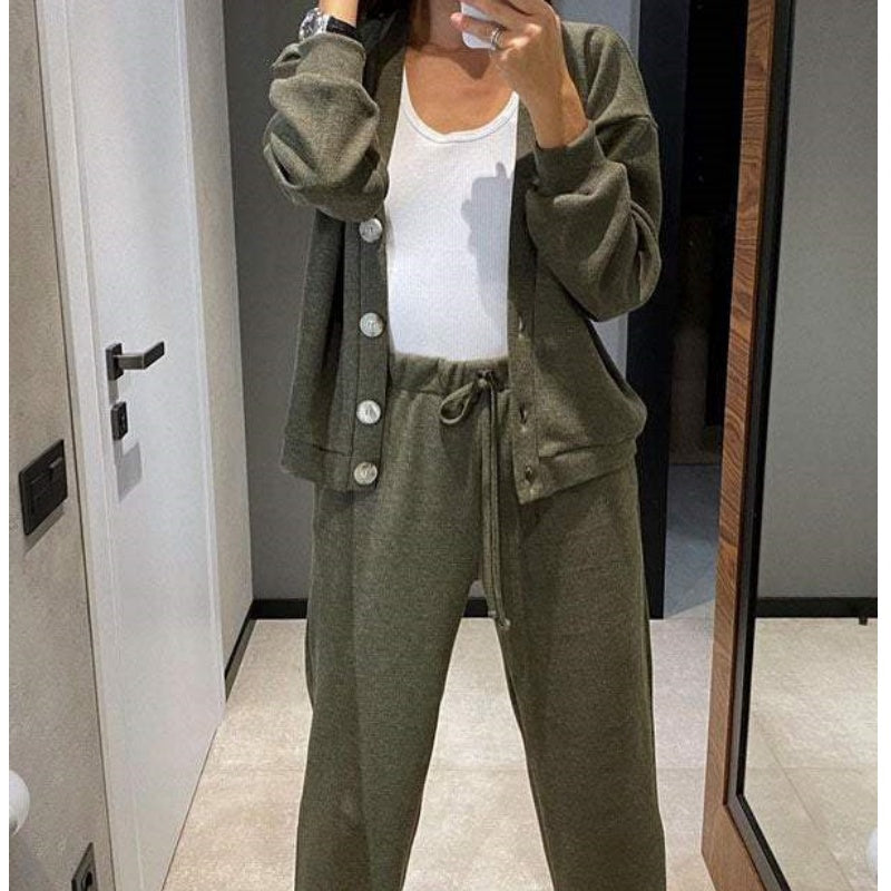 🔥👚👖Women's Knitted Buttoned Jacket and Pants Two-piece Set