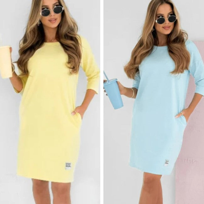 🔥👗Tavaszi ajánlatok🌸 Kerek nyakú 3/4 ujjú ruha zsebekkel