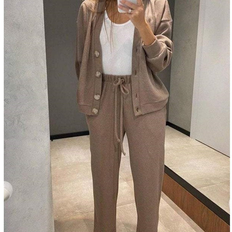 🔥👚👖Women's Knitted Buttoned Jacket and Pants Two-piece Set