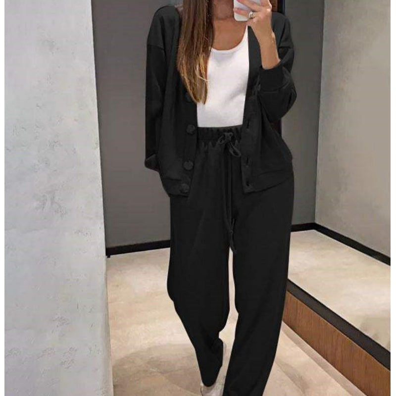 🔥👚👖Women's Knitted Buttoned Jacket and Pants Two-piece Set