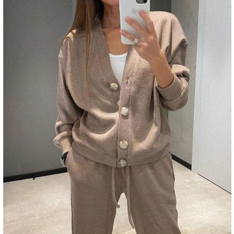 🔥👚👖Women's Knitted Buttoned Jacket and Pants Two-piece Set