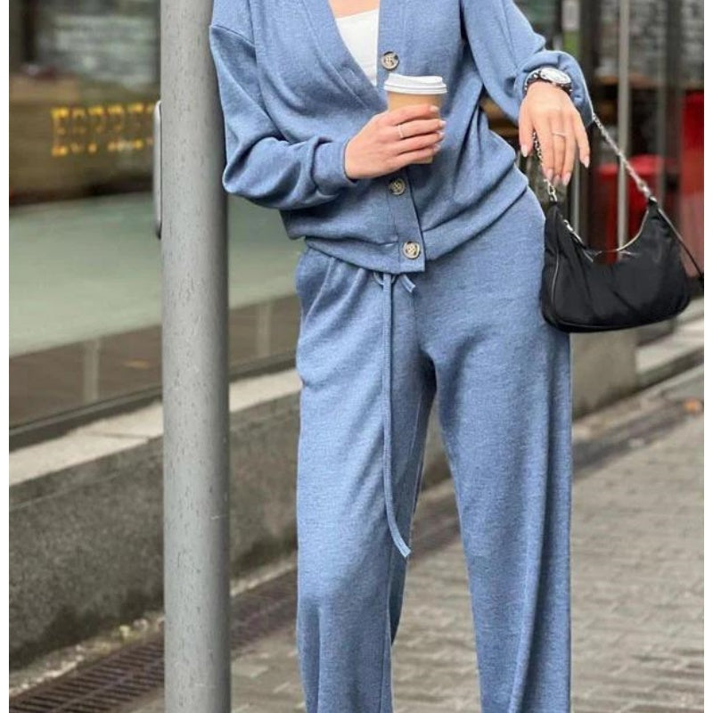 🔥👚👖Women's Knitted Buttoned Jacket and Pants Two-piece Set
