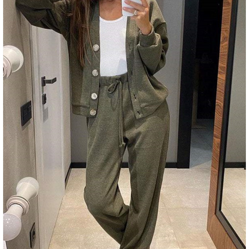 🔥👚👖Women's Knitted Buttoned Jacket and Pants Two-piece Set