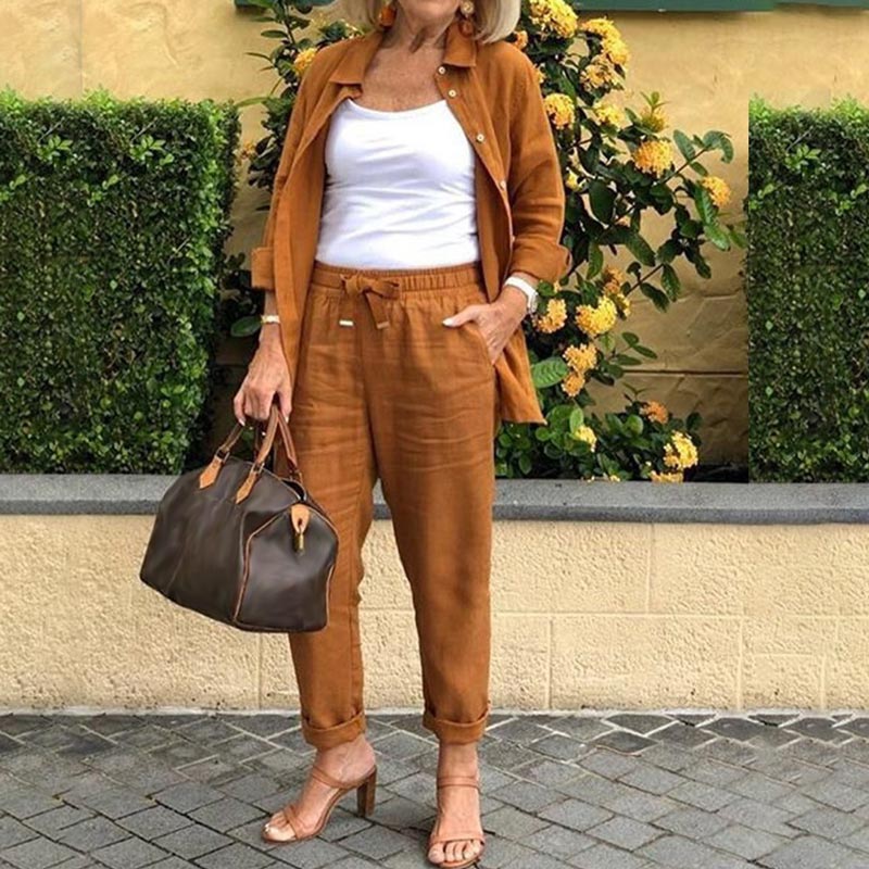 🔥👚👖【M-4XL】Női pamut vászon blúz és hosszú ujjú nadrág