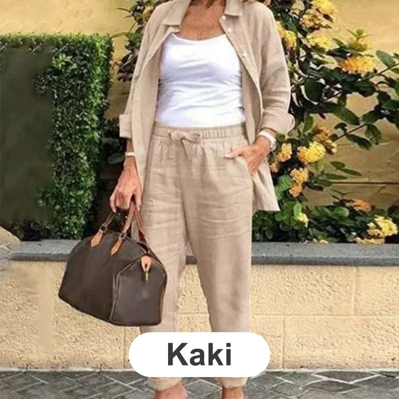🔥👚👖【M-4XL】Női pamut vászon blúz és hosszú ujjú nadrág