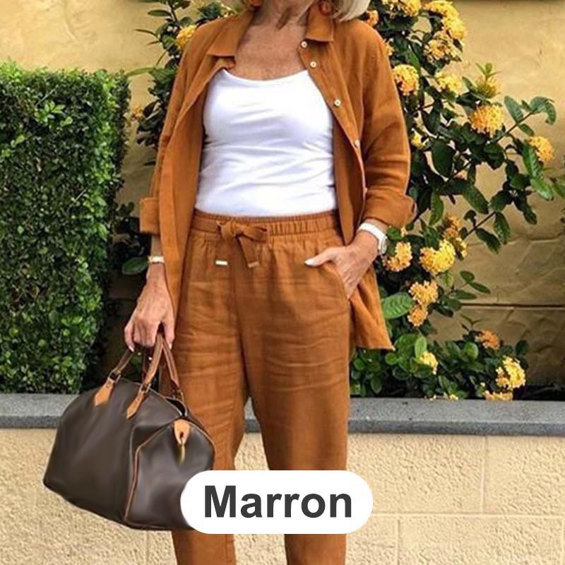 🔥👚👖【M-4XL】Női pamut vászon blúz és hosszú ujjú nadrág