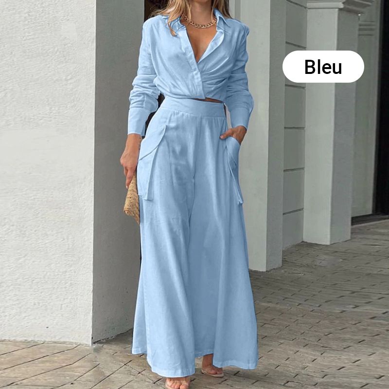 đ„đđ NyĂĄri forrĂł eladĂł ElegĂĄns kĂ©trĂ©szes szett: hosszĂș ujjĂș felsĆ Ă©s magas derekĂș nadrĂĄg