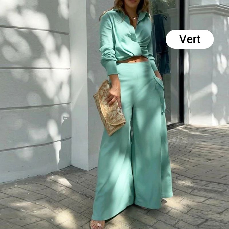 đ„đđ NyĂĄri forrĂł eladĂł ElegĂĄns kĂ©trĂ©szes szett: hosszĂș ujjĂș felsĆ Ă©s magas derekĂș nadrĂĄg