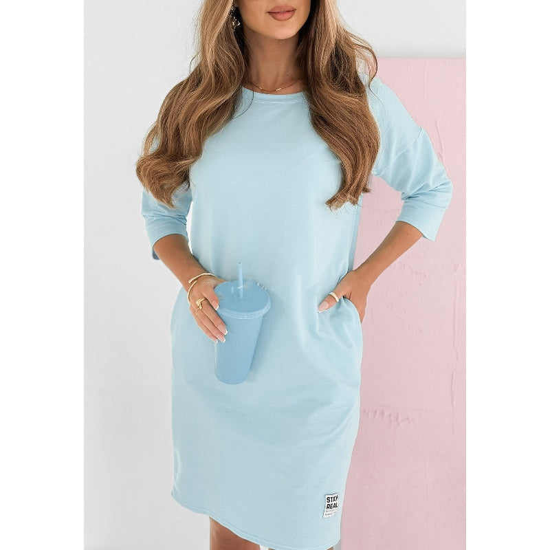 🔥👗Tavaszi ajánlatok🌸 Kerek nyakú 3/4 ujjú ruha zsebekkel