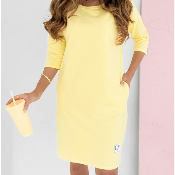 🔥👗Tavaszi ajánlatok🌸 Kerek nyakú 3/4 ujjú ruha zsebekkel