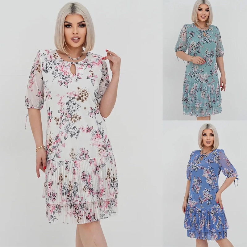 đ„đElegĂĄns sifon hosszĂș pliszĂrozott ruha rövid ujjakkal