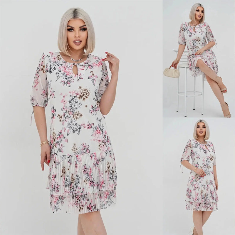 đ„đElegĂĄns sifon hosszĂș pliszĂrozott ruha rövid ujjakkal