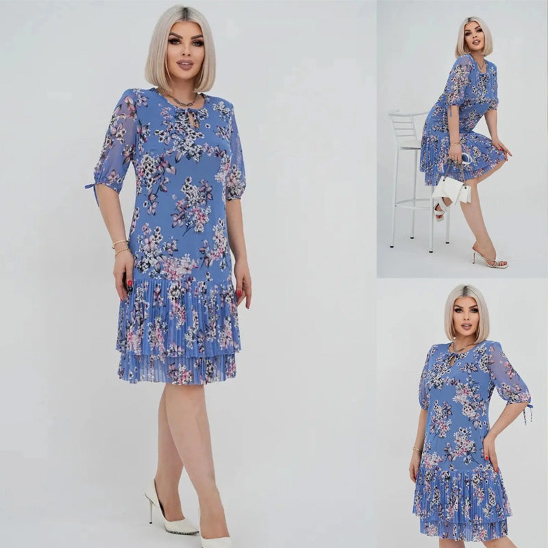 đ„đElegĂĄns sifon hosszĂș pliszĂrozott ruha rövid ujjakkal
