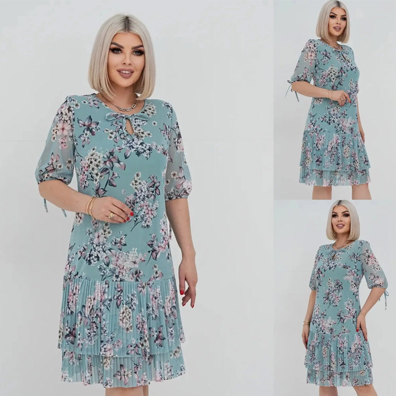 đ„đElegĂĄns sifon hosszĂș pliszĂrozott ruha rövid ujjakkal