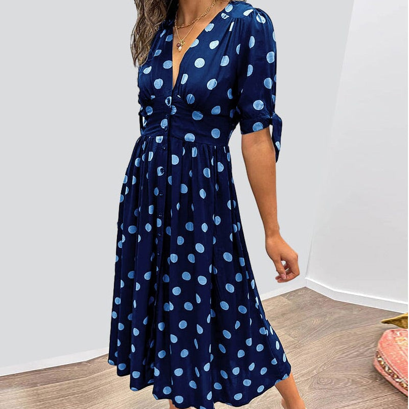 🔥👗Női nyári mély V-nyakú pöttyös elegáns ruhák