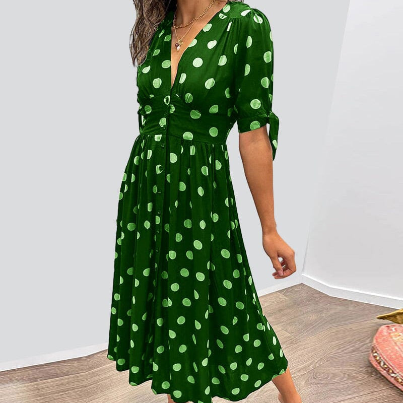 🔥👗Női nyári mély V-nyakú pöttyös elegáns ruhák