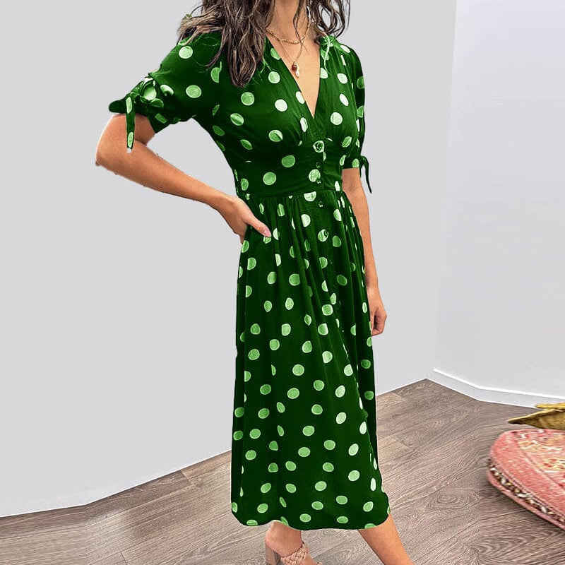 🔥👗Női nyári mély V-nyakú pöttyös elegáns ruhák