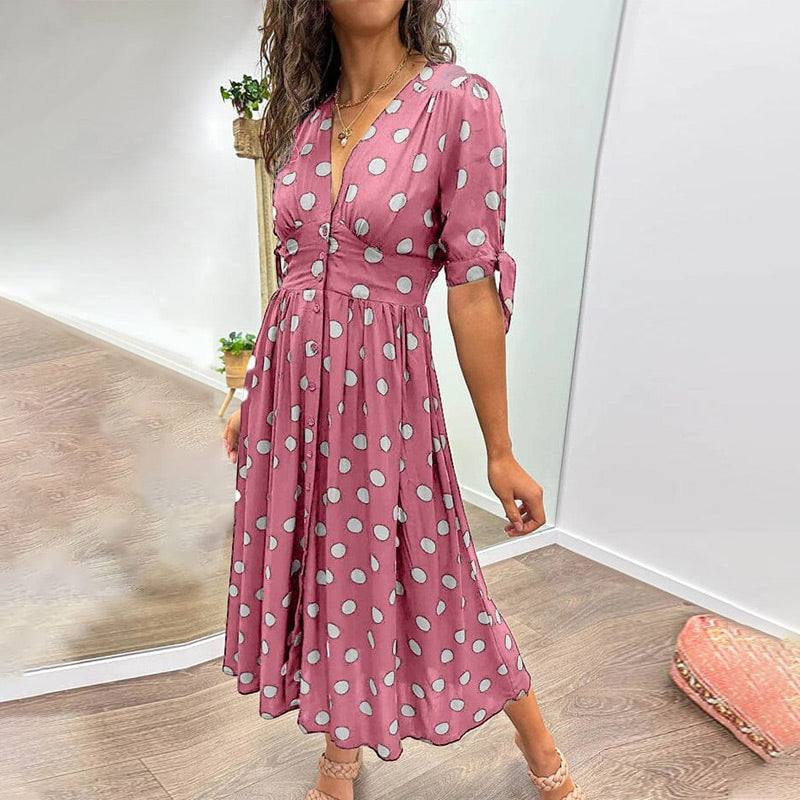 🔥👗Női nyári mély V-nyakú pöttyös elegáns ruhák