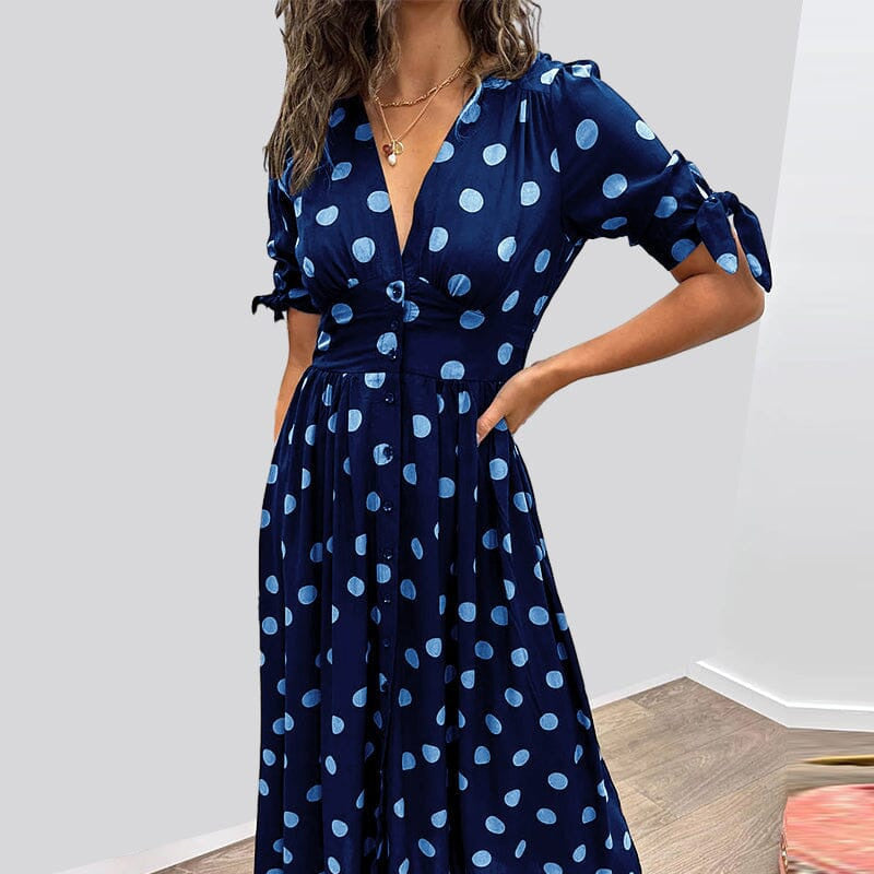 🔥👗Női nyári mély V-nyakú pöttyös elegáns ruhák