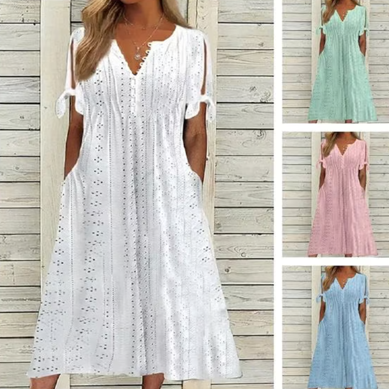 đ„đNĆi elegĂĄns V-nyakĂș ĂŒreges egyszĂnƱ ruha