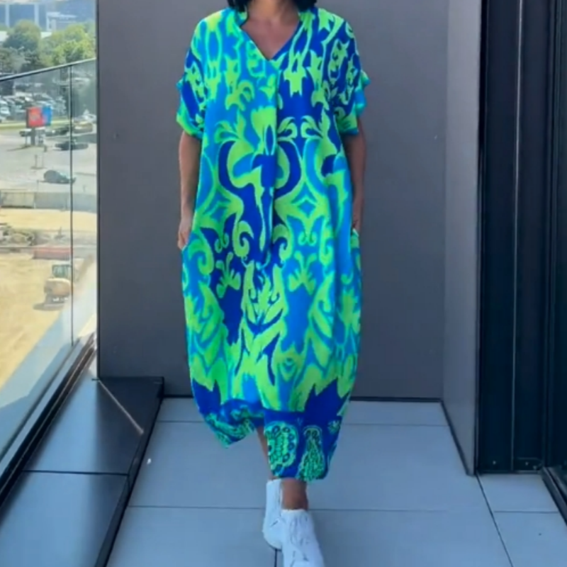 đ„đNĆi alkalmi elegĂĄns elegĂĄns nyomtatott V-nyakĂș ruha