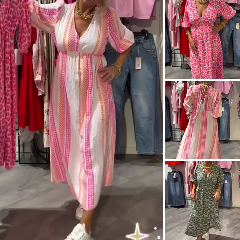 🔥👗 Női V-nyakú nyomtatott Boho ruha – könnyű és légáteresztő lenvászon anyagból! 💃