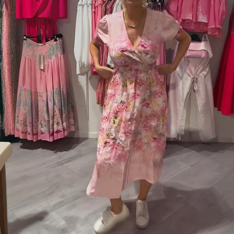 đ„đElegĂĄns, virĂĄgmintĂĄs, V-nyakĂș hosszĂș ruha nĆknek