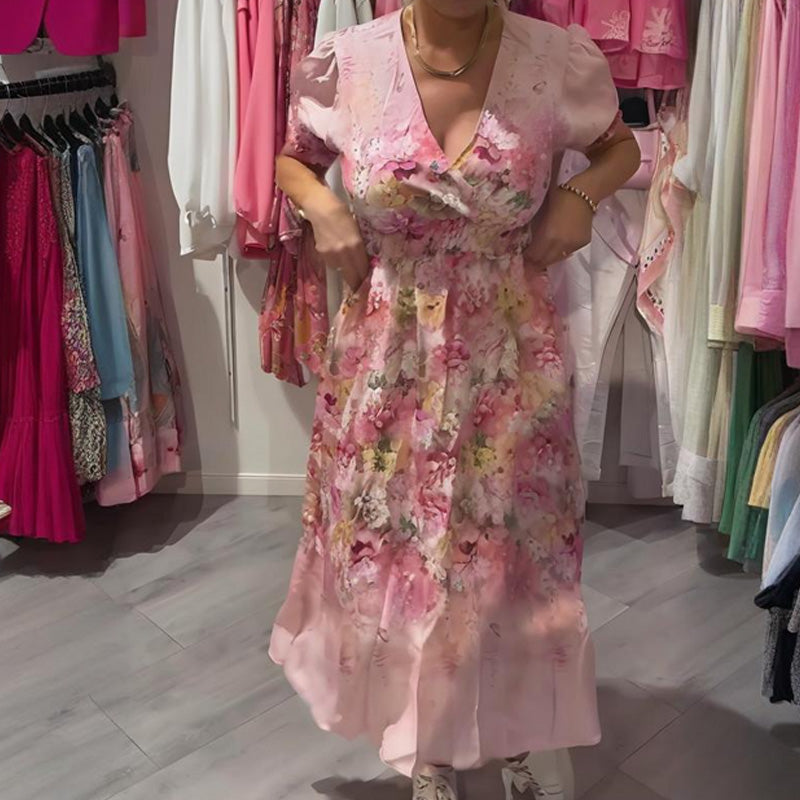 đ„đElegĂĄns, virĂĄgmintĂĄs, V-nyakĂș hosszĂș ruha nĆknek