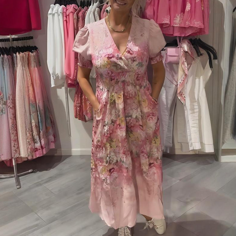 đ„đElegĂĄns, virĂĄgmintĂĄs, V-nyakĂș hosszĂș ruha nĆknek