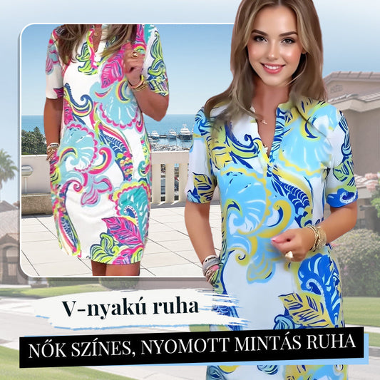 🔥👗Nők színes, nyomott mintás V-nyakú ruha