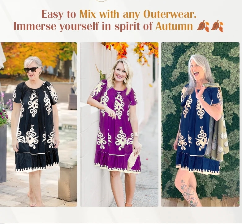 🔥👗Tavaszi/nyári forró eladó - Retro nyomtatott kerek nyakú ruha