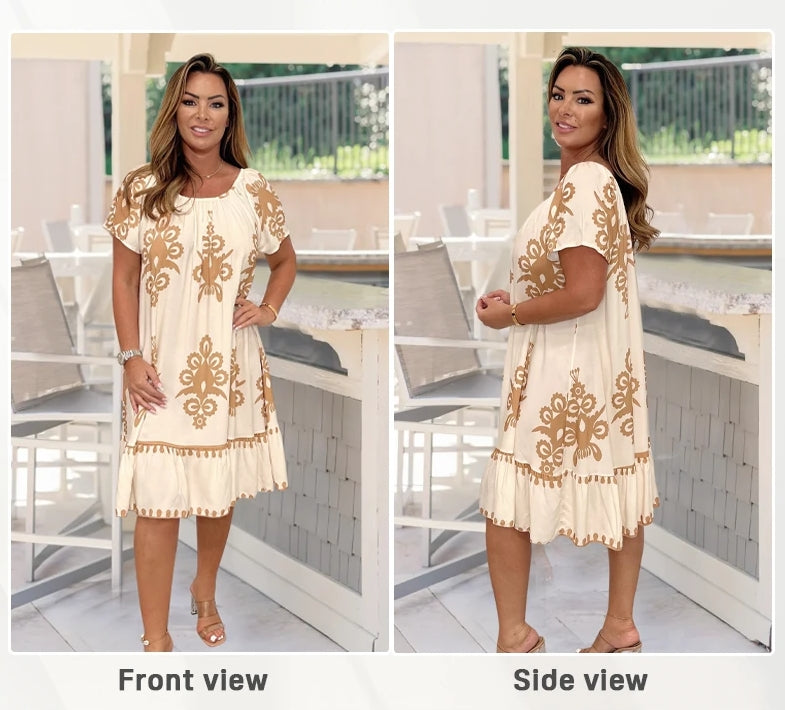 🔥👗Tavaszi/nyári forró eladó - Retro nyomtatott kerek nyakú ruha