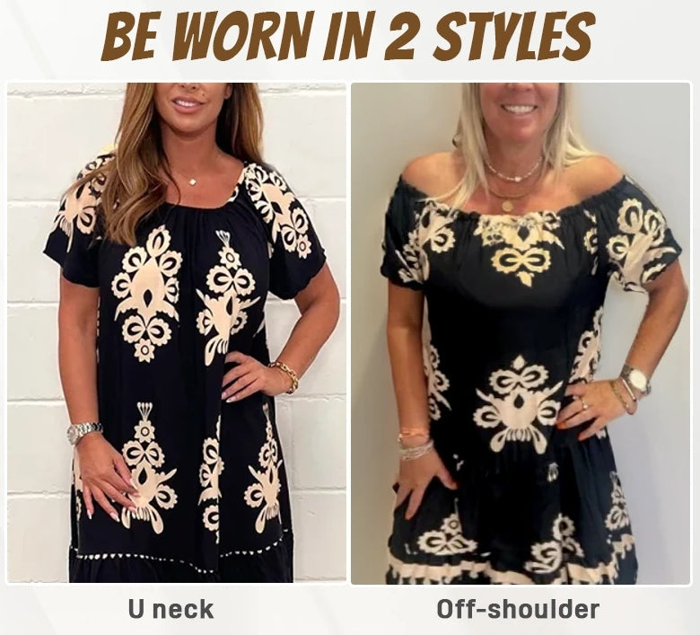 🔥👗Tavaszi/nyári forró eladó - Retro nyomtatott kerek nyakú ruha