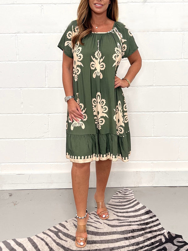 🔥👗Tavaszi/nyári forró eladó - Retro nyomtatott kerek nyakú ruha