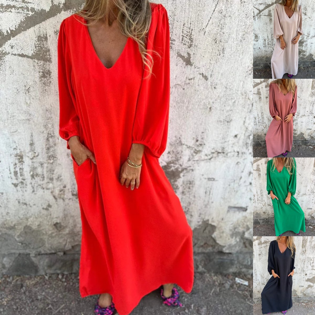 🔥👗V-nyakkivágású egyszínű lámpa ujjú ruha