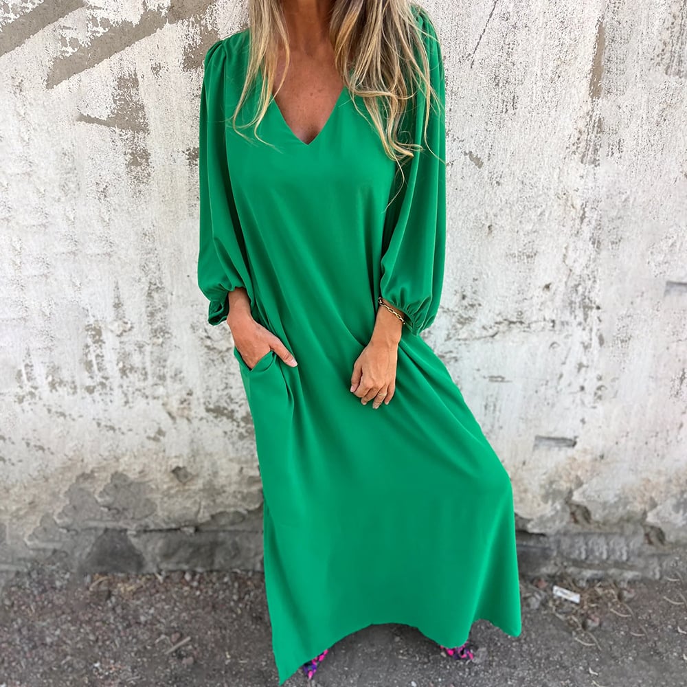 🔥👗V-nyakkivágású egyszínű lámpa ujjú ruha