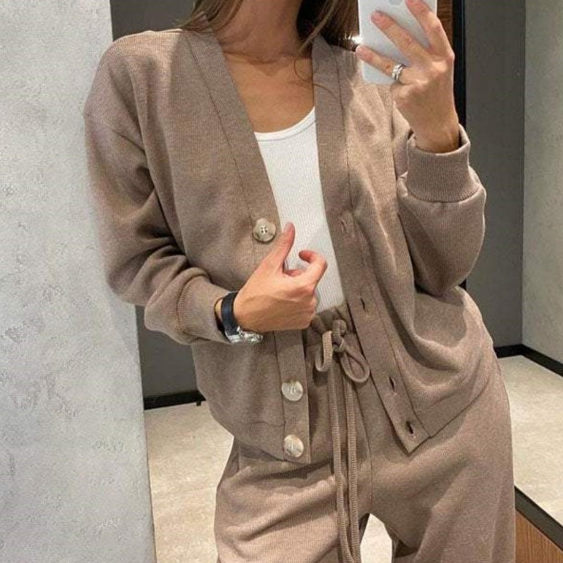 🔥👚👖Women's Knitted Buttoned Jacket and Pants Two-piece Set