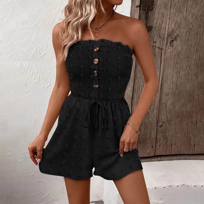 🔥👗Női pánt nélküli Frill Trim Shirred Tie Front széles lábú cső Romper