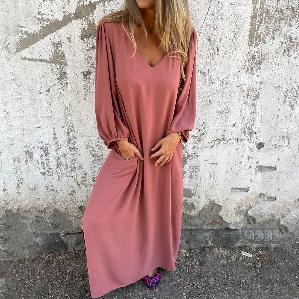 🔥👗V-nyakkivágású egyszínű lámpa ujjú ruha