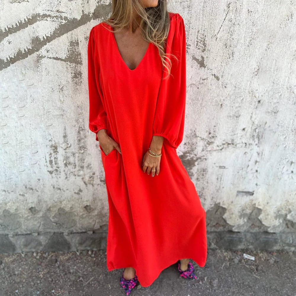 🔥👗V-nyakkivágású egyszínű lámpa ujjú ruha