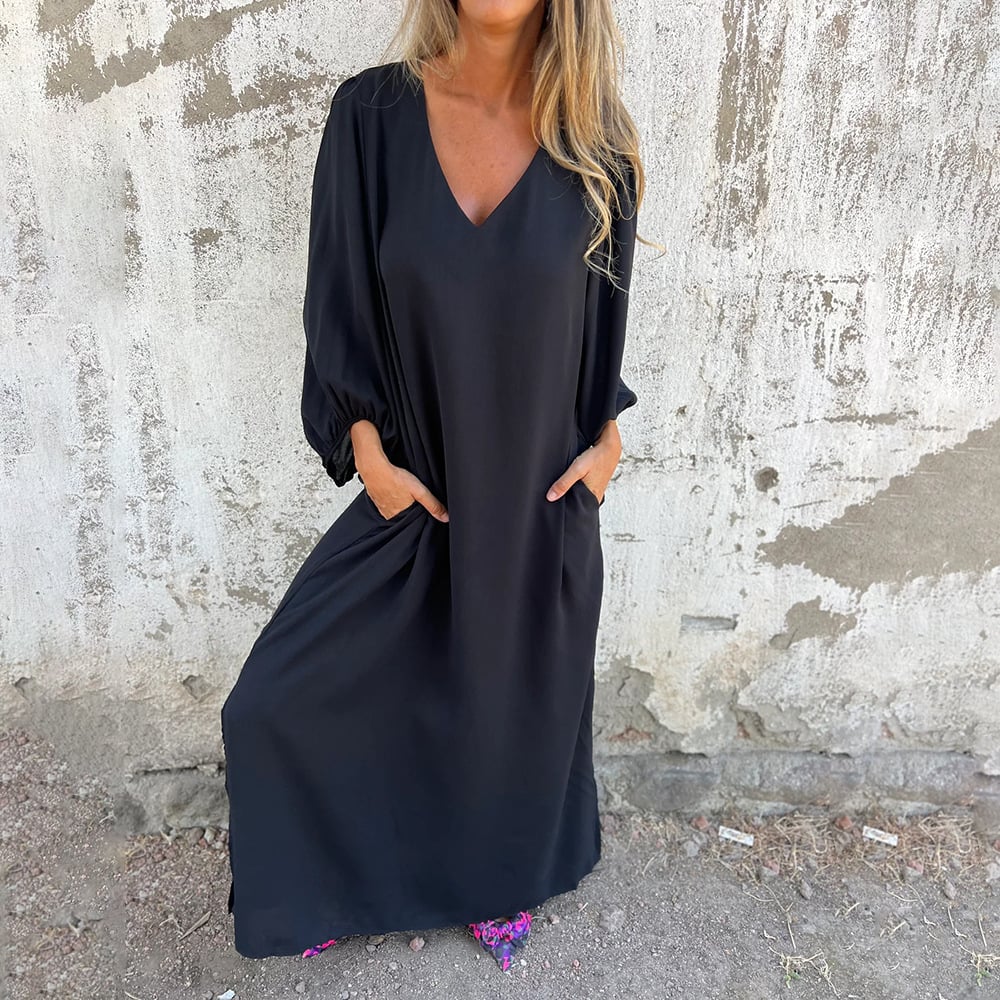 🔥👗V-nyakkivágású egyszínű lámpa ujjú ruha