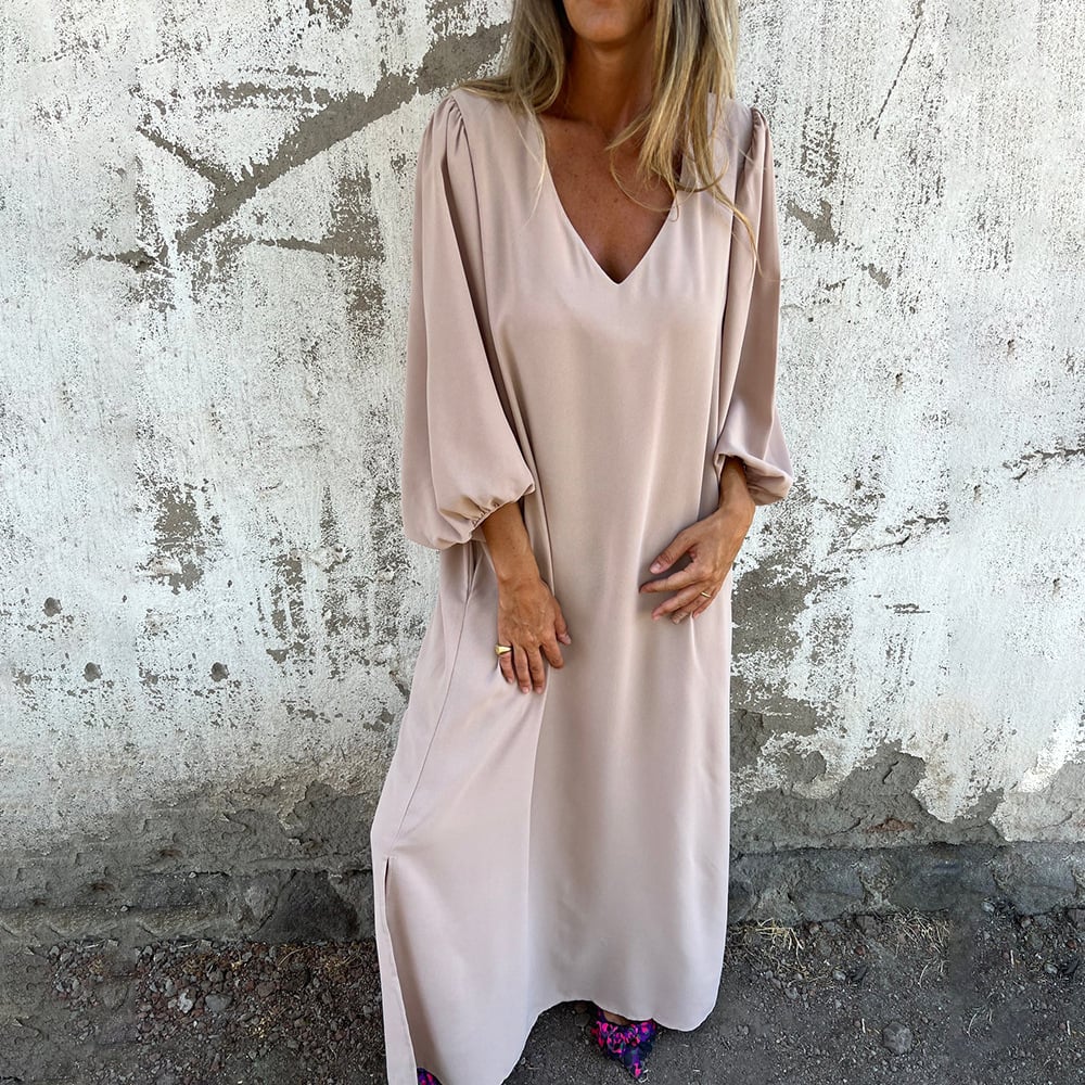 🔥👗V-nyakkivágású egyszínű lámpa ujjú ruha