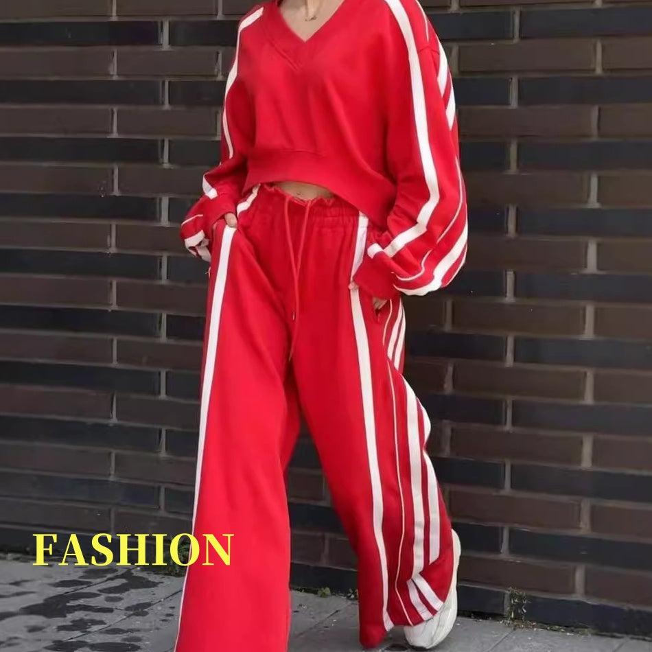 🔥👚👖V-nyakú pulóver és széles szárú nadrág 2 részes szett