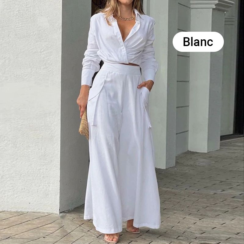 🔥👚👖 Nyári forró eladó Elegáns kétrészes szett: hosszú ujjú felső és magas derekú nadrág