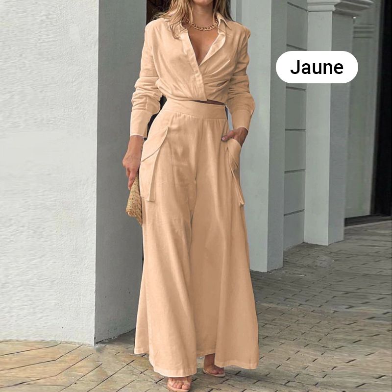 🔥👚👖 Nyári forró eladó Elegáns kétrészes szett: hosszú ujjú felső és magas derekú nadrág