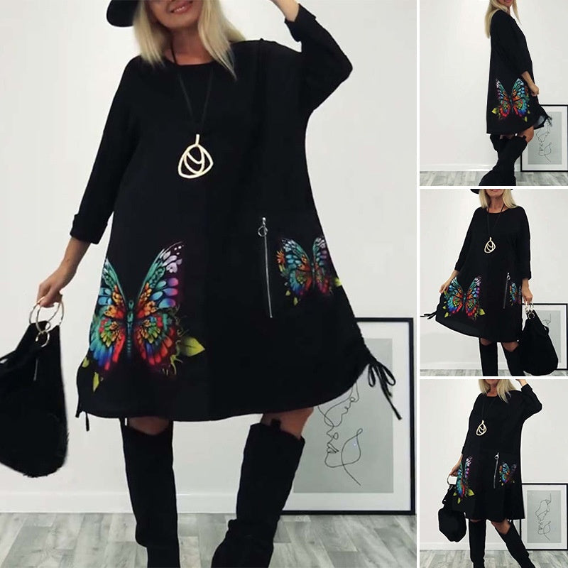 🔥👗Női laza pillangó nyomtatás kerek nyakú ruha