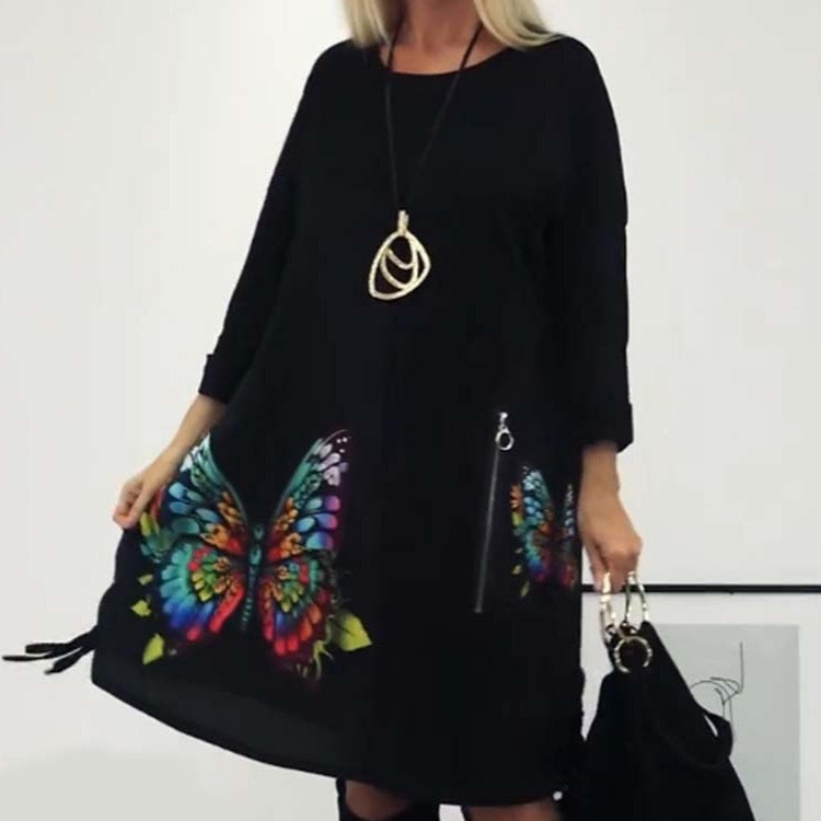 🔥👗Női laza pillangó nyomtatás kerek nyakú ruha